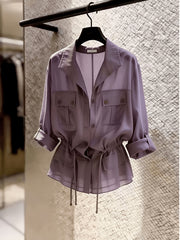 Fashionable Workwear-Style Shirt: Long-Sleeved, Loose-Fitting, New Summer Style,, Waist-Defining, Versatile