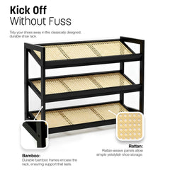 KEPLIN 2/3/4-Tier Bamboo and Rattan Shoe Rack Organizer – Durable, Easy Assembly – Compact Design for Entryway, Closet, or Hallway – Stylish and Functional Storage – Black and Natural