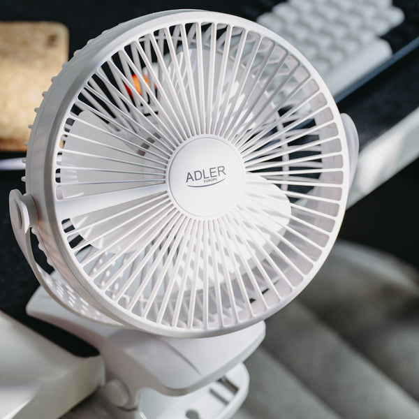Desk fan with clip, rechargeable, 15.5 cm, 360° rotation, USB-C, Adler