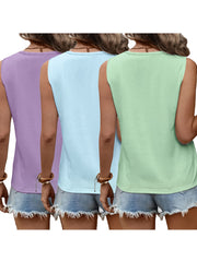 Three-Pack Women's Tank Tops Summer Sleeveless Loose Fit Eyelet Neck Solid Color Basic Shirts