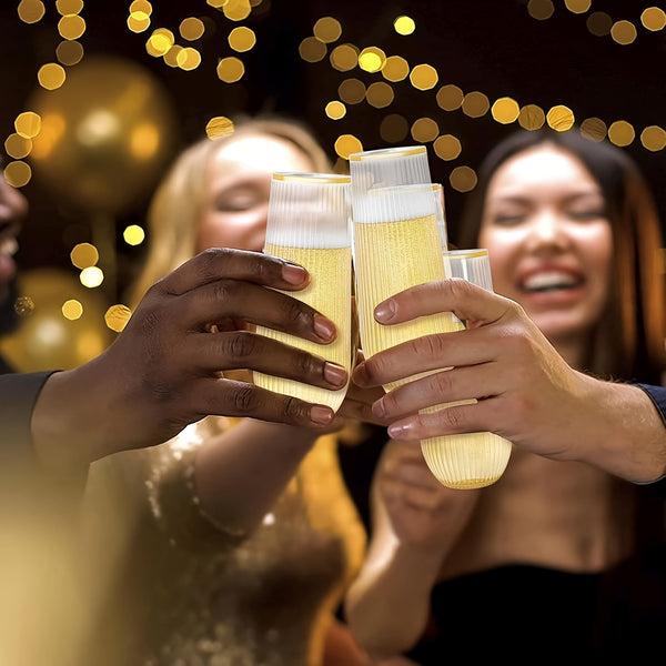 9pcs Golden Rim Striped Plastic Champagne Flutes, 9oz Stemless Clear Cocktail Glasses, Ideal for Weddings, Engagements, Birthday Parties, Graduations, Anniversaries, Catering Events, Thanksgiving, Valentine's Day, Proposals, Wine, Champagne, Mimosa