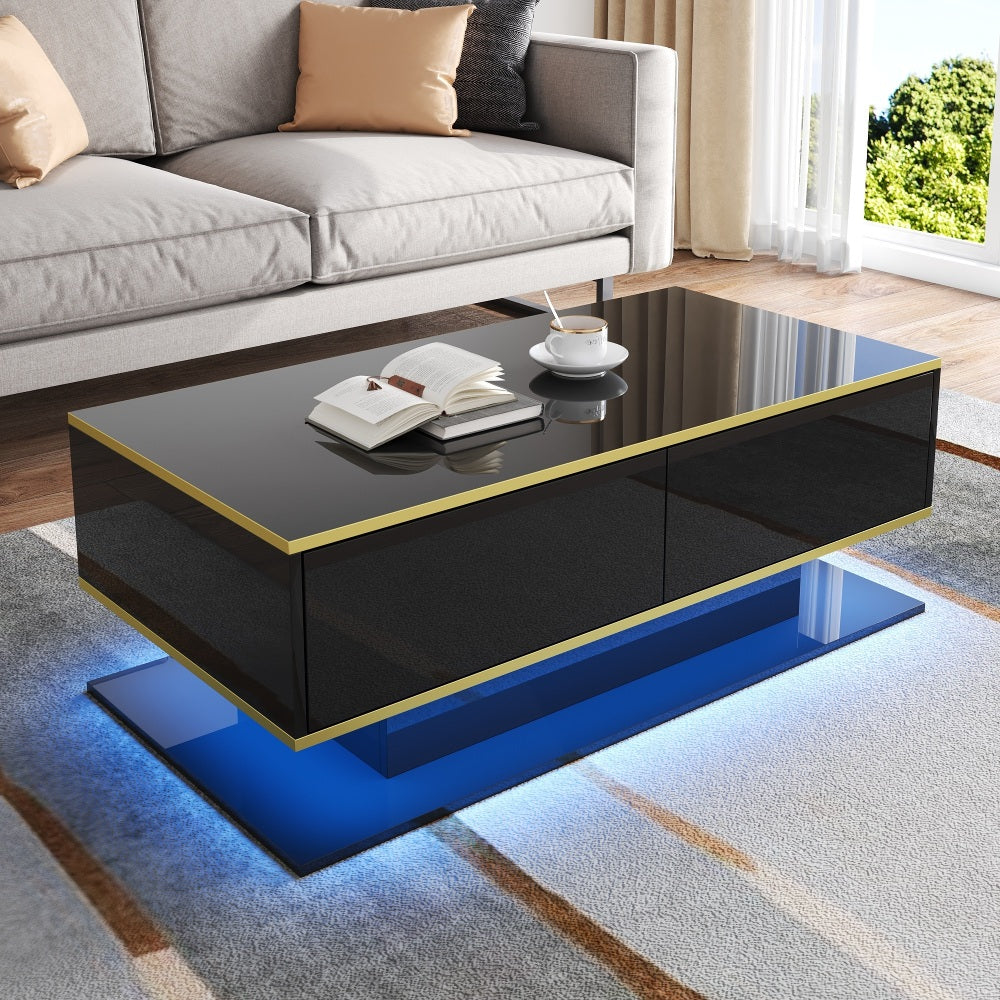 Modern LED coffee table, 100cm high gloss white coffee table, with 3 drawers and RGB light strips, adjustable color/brightness, gold edge, PB board material, suitable for living room, bedroom, lounge, studio - with a load-bearing capacity of 50kg and spac