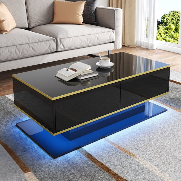 Modern LED coffee table, 100cm high gloss white coffee table, with 3 drawers and RGB light strips, adjustable color/brightness, gold edge, PB board material, suitable for living room, bedroom, lounge, studio - with a load-bearing capacity of 50kg and spac