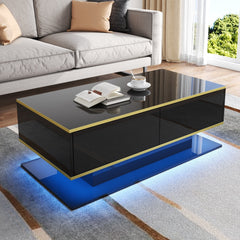 Modern LED Coffee Table, 100Cm High Gloss White Coffee Table, with 3 Drawers And RGB Light Strips, Adjustable Color/Brightness, Gold Edge, PB Board Material, Suitable for Living Room, Bedroom, Lounge, Studio - with a Load-Bearing Capacity of 50Kg And Spac