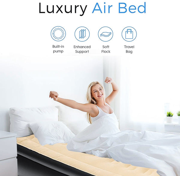 Double Inflatable Air Mattress, Air Bed with Built-in Electric Pump, Double Blow Up Mattress in 3 Mins Self-Inflation, Flocked Surface Guest Airbed for Home Portable Camping
