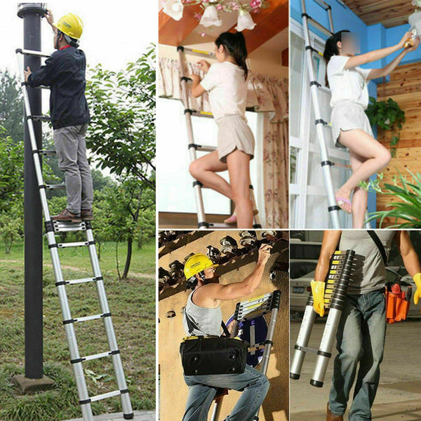 Telescoping Ladder 10.5ft/3.2m Stainless Steel Telescopic Extension Ladder Heavy Duty Collapsible Ladder Non-slip Angled Feet Securing Strap Delicate Design for Home Loft RV Ladder 330 lbs Capacity