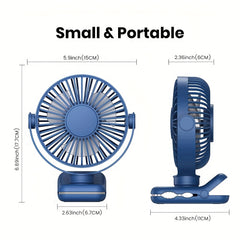 TOPK USB Clip-On Fan, 3-Speed Adjustable Airflow, 720° Flexible Rotation, Low Noise Operation, Portable Clamp Fan for Home, Office, Library, Blue