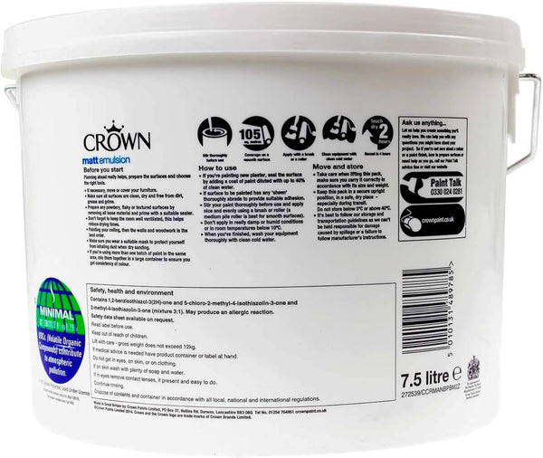 CROWN Matt Emulsion Paint 7.5L Pure Brilliant White | Wall'S and ceilings | Value Tub 7.5 Litre