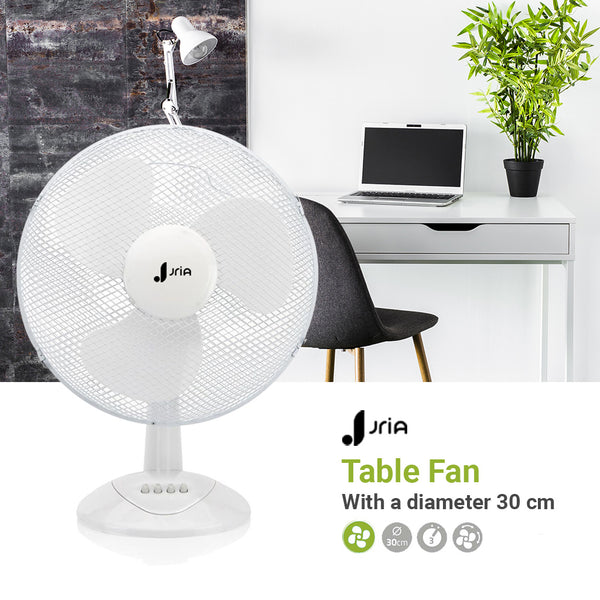 12” Portable Desk Fan – 3-Speed Table Fan with 90° Oscillation, Adjustable Tilt Head & Quiet Operation – Compact Air Circulator for Bedroom, Office, or Home (White)