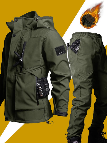 Men's Casual  Set: Warm Fleece-Lined Jacket & Cargo Pants with Zipper Hood - Durable Polyester, Multiple Pockets, Ideal for  & Camping