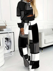 Casual Color Block 2pcs Set, Long Sleeve Hooded Top And Drawstring Pants, Women'S Clothing