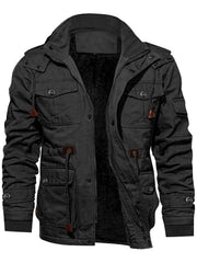 Men'S Fleece Jacket Casual Warm Hooded Windproof Outerwear Fleece Jacket Hooded Multi-Pocket Utility Jacket