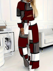 Casual Color Block 2pcs Set, Long Sleeve Hooded Top And Drawstring Pants, Women'S Clothing