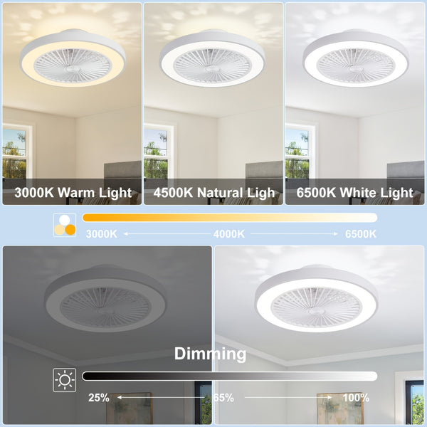 Modern Low Profile Ceiling Fan with 6 Speeds, Reversible Bladeless Ceiling Fans, Dimmable 3000-6500K LED Fan Lights, Smart Timing Ceiling Fan for Living Room, Bedroom, Office, Kitchen