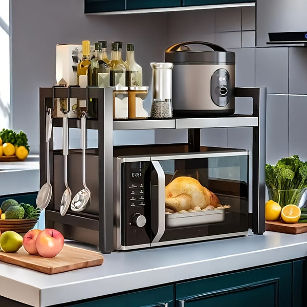 Extendable Black Kitchen Rack: 2 Tier Structure, 40 - 65cm, with 6 Hooks for Microwave Oven Holder, Utility Racks, Utility Racks