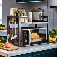 Extendable Black Kitchen Rack: 2 Tier Structure, 40 - 65cm, with 6 Hooks for Microwave Oven Holder, Utility Racks, Utility Racks