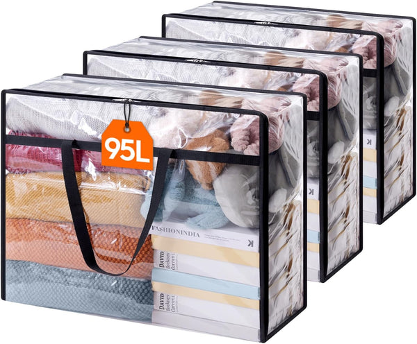 Lifewit 4 Pack Clear Plastic Storage Bags, 40L Foldable Clothes Storage Boxes Wardrobe Organizer Moving Bags with Reinforced Handle for Loft Wardrobe for Bedding Clothes Blanket Duvet