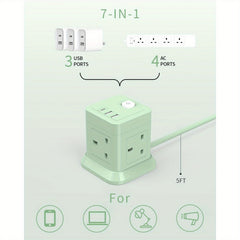 Cube Extension Lead with USB Slots, BEVA 4 Way Multi Plug Power Strip with 3 USB Ports (5V/2.4A), Desktop Power Extension Socket with 1.49m Extension Cords for Home Dorm Office Travel-Green