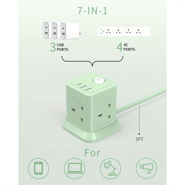 Cube Extension Lead with USB Slots, BEVA 4 Way Multi Plug Power Strip with 3 USB Ports (5V/2.4A), Desktop Power Extension Socket with 1.49m Extension Cords for Home Dorm Office Travel-Green