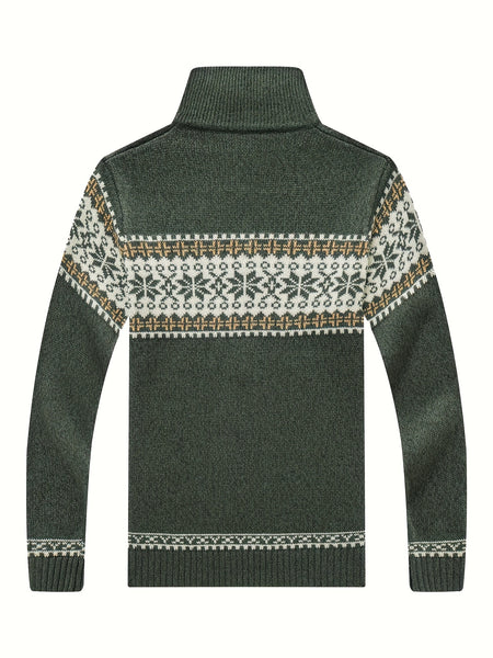 New Autumn And Winter Casual Men'S Knitted Cardigan, Featuring a Thick Ethnic-Style Snowflake Jacquard with a Stand-Up Collar And Zipper. This Stylish Long-Sleeve Sweater Jacket Is Perfect for Men'S Daily Wear in The Fall And Winter