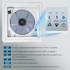 10 - Speed 12V RV Roof Vent Fan - Reversible, Rain Sensor, Ultra - Low Noise, Remote & Temp Monitoring