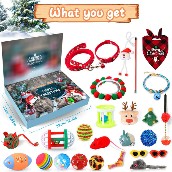 Izoel Cat Advent Calendar 2025 Christmas Interactive Toys for Indoor Christmas Gifts Collars Bow Tie Feather Toys Fish Fake Mouse Bell Balls for Cat Lover Gifts