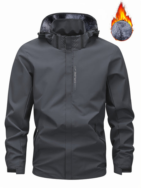 Men's Winter Fleece-Lined Hooded Jacket, with Letter Print for Outdoor Sports & Travel
