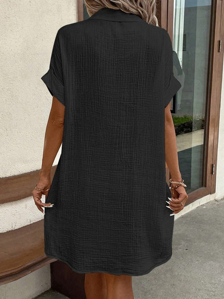 Women's Summer Lapel Collar Button- Shirt Dress - Short Sleeve Pocket Mini Dress with Pocket, Solid Color Pencil Suit Dress for Office, Semi-Formal Wear, Machine Washable Blouse Style Dress