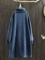 Women'S Elegant Corduroy Dress - Long Sleeve Turtleneck Loose Fit Winter Warm Dress with Pockets, Solid Color (Navy/) - Cozy Fall/Winter