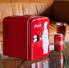 Coca Cola Classic Mini Fridge - Refrigerator for Bedroom Skincare Office, Portable Table Top Beverage Cooler, 12V DC/220V AC Refrigerador for Drinks, Soda, Wine, Use in Car, Dorm, Patio, 6 Can
