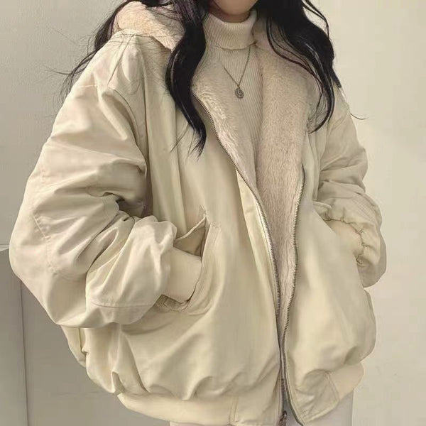 Large Size Velvet Thickened Two Sides Wear Lamb Clothes Women's Coat Winter New Zipper Hooded Coat Top