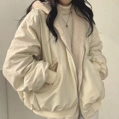 Large Size Velvet Thickened Two Sides Wear Lamb Clothes Women's Coat Winter New Zipper Hooded Coat Top