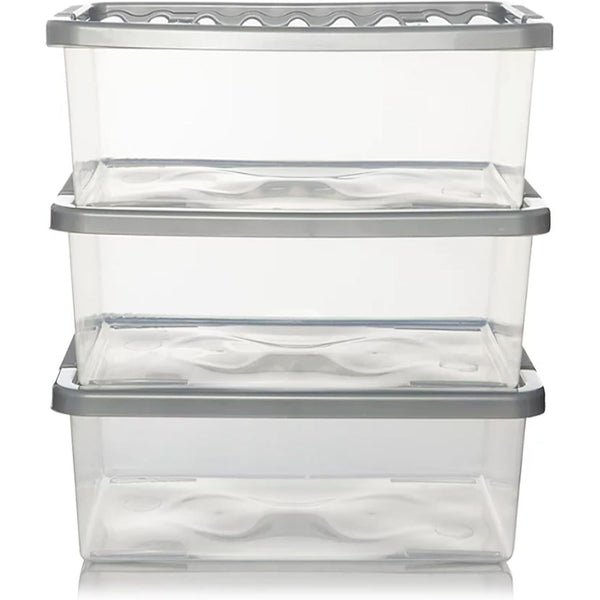3 x Underbed Storage Containers 32 Litre Large Big Plastic Clear Boxes With Silver Lids Strong