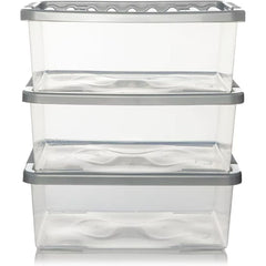 3 x Underbed Storage Containers 32 Litre Large Big Plastic Clear Boxes With Silver Lids Strong