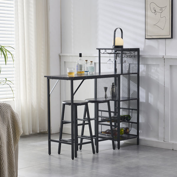 3pcs Bar Table and Stools Set, Kitchen Breakfast Bar Table and Chairs Set 2 with Cup Holder and Wine Rack, Bar Table Sets Furniture for Kitchen, Dining Room, Pub, Cafe