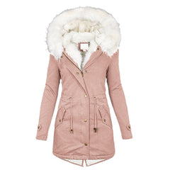 Women's European/American Style Winter Parka Jacket with Collar & Waist-Cinching  - Beige Coat, -Tone Zippers, Pockets - Machine Washable Cold Weather Outerwear (Casual to Formal)