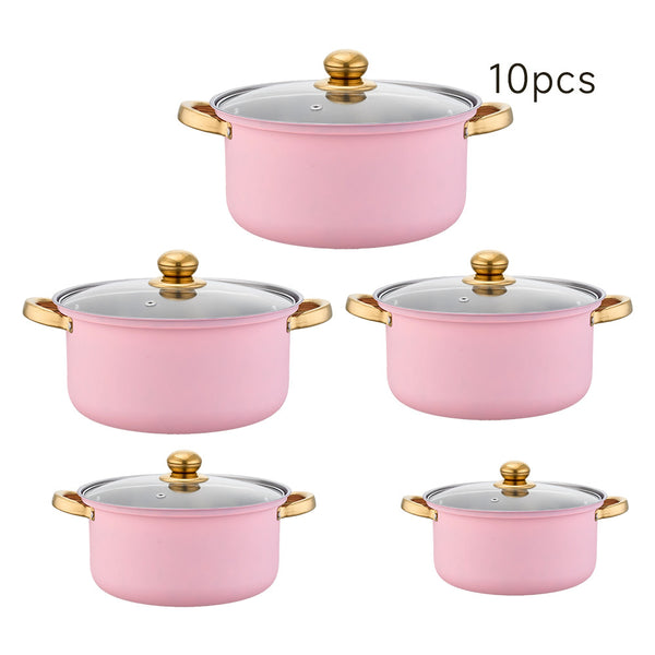 Stainless Steel Soup Pot Set (10PCS), Household Milk and Boiling Pots in Multiple Sizes, Ideal for Soup, Noodles and Hot Pot, Gold-Plated Handle, Pink