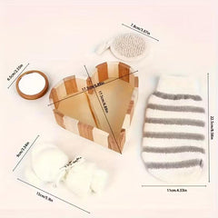 Boxed Heart-Shaped Bath Set - A wooden spa gift kit for bathrooms, featuring a heart-shaped wooden bucket. Includes a loofah, pumice stone, massager, and brush. This natural relaxation and body care kit is ideal for home use and bathroom decoration.