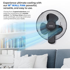 Schallen BLACK 16 Inch Wall Mounted Fan with Remote Control, Oscillating Cooling Fan 40cm, 3 Speed Settings, Timer Function, Quiet Wall Fan for Bedroom, Office, Kitchen, Garage, Home Cooling Fan UK, Adjustable Tilt Air Circulator, Energy Efficient Wall Fa