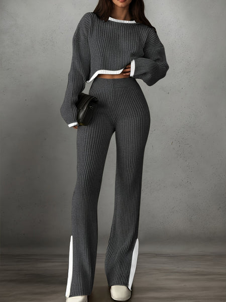 Women'S Short Color-Blocked Long-Sleeve Top with Solid Color Pants, a Casual And Stylish Outfit for Christmas