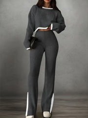 Women'S Short Color-Blocked Long-Sleeve Top with Solid Color Pants, a Casual And Stylish Outfit for Christmas