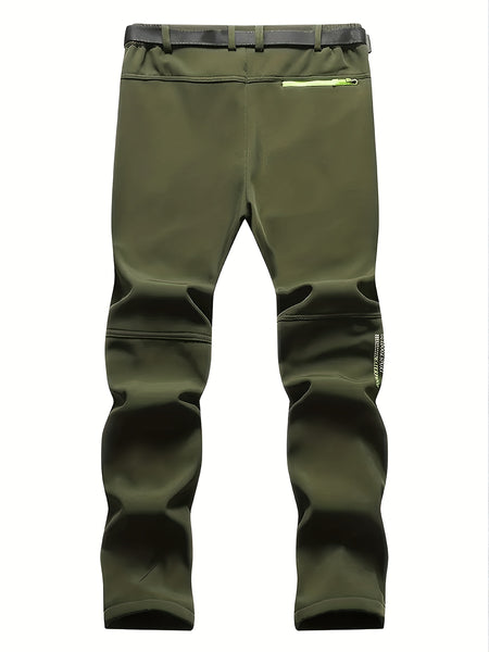 Men's Warm Cargo Pants with Zippered Pockets - Olive Green, Black, and Yellow Accents, Ideal for Winter Outdoor Activities and Casual Wear with Belt