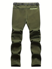 Men's Warm Cargo Pants with Zippered Pockets - Olive Green, Black, and Yellow Accents, Ideal for Winter Outdoor Activities and Casual Wear with Belt