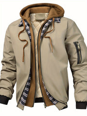 Men's Solid Color Hooded Air Force One Jacket - Loose Fit Zippered Coat with Full-Length Zipper Front, Full-Liner for Spring/Autumn/Winter, Casual Outerwear (No Belt Required)