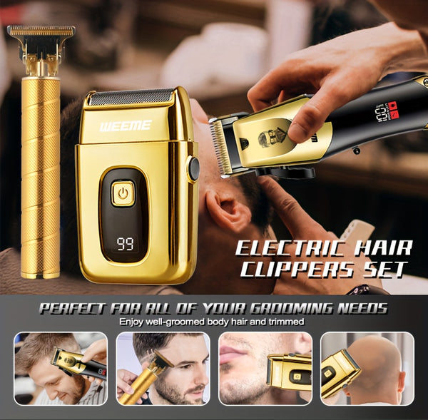 WEEME Golden 3pcs 2pcs 1pc Men's Hair Clipper Set, USB Rechargeable Hair Clippers, Trimmer And Shaver Kit, with Guide Combs & Cleaning Brushes, Grooming Gift Set for Men, Husband, Boyfriend, Dad Valentine's Day Gift
