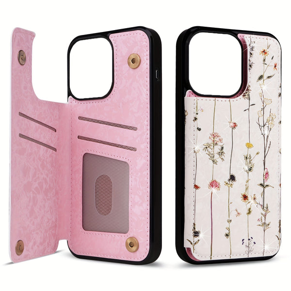 Phone Case - (2D)Phone Case - Wallet Case for Iphone 17 Promax/Pro/ Air, 16 Plus, 15, 14 Pro Max, 13, 12, 11And Galaxy.Featuring a Floral Design, a Back Flip Folio Made of Faux Leather, Designed for Women And Girls