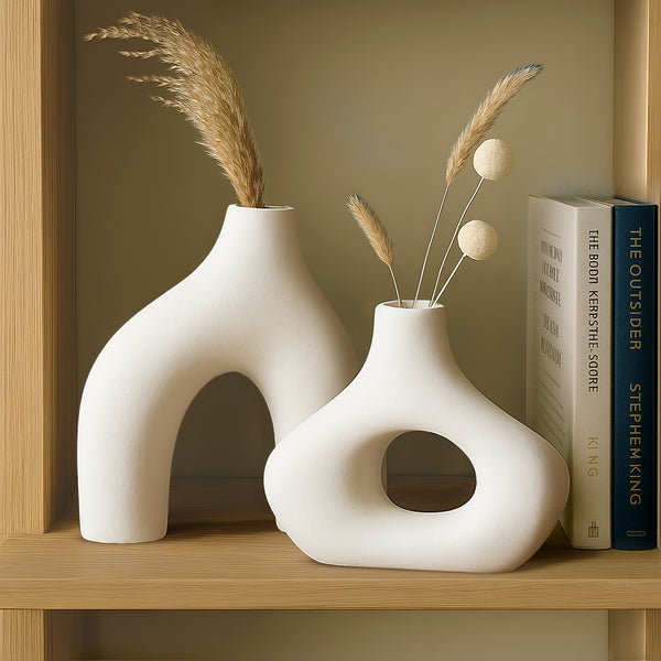 Nordic Style Ceramic Vase Set of 2 – Modern White Decorative Vases for Home, Shelf & Table Décor