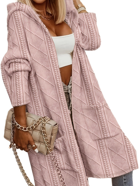 Women's Long Hooded Cardigan with Pockets, Long Hooded Sweater, Women's Coat, Women's Midi Coat, Casual Jacket, Circle Pattern