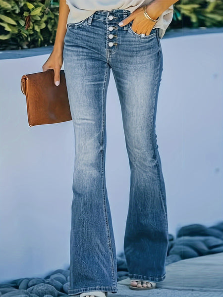 2025 New Women'S High-Stretch Flared Pants, Mid-Rise Fitted, Solid Hue, Suitable for All Seasons (55%, 43%, 2% Elastic Fiber), Button Closure, Pockets, Urban Style, Long - Out