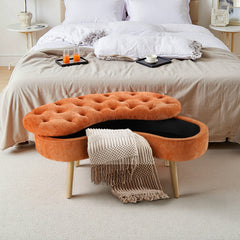 Modern Creative Curved Design Upholstered Storage Bench, Shoe Changing Bench At The Entrance, Living Room Sofa Bench, Bedside Bench in The Bedroom, Large-capacity Storage Long Bench with Natural Wood Legs, Suitable for Entrance, Living Room, and Bedroom,